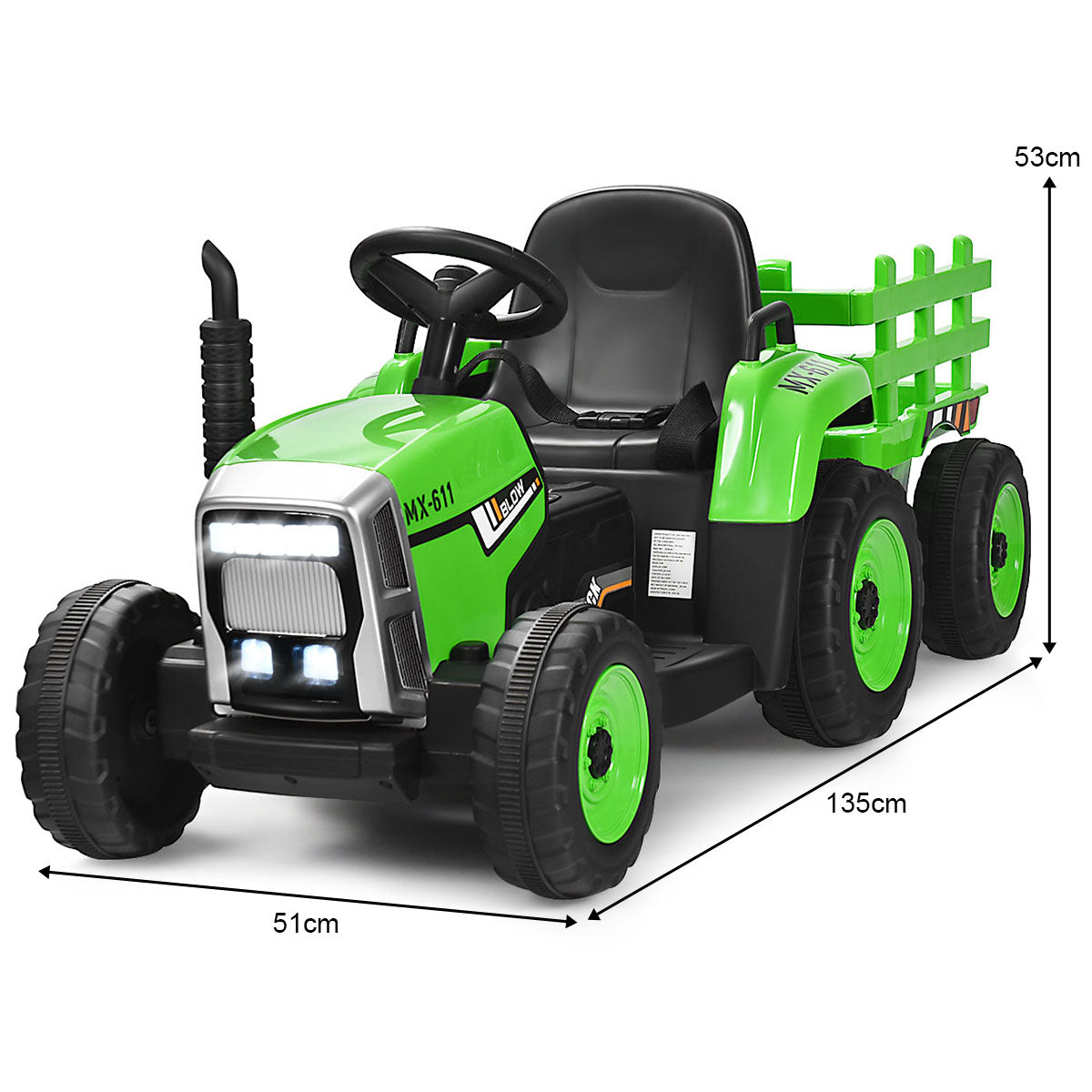 LIVSK Zittractor met Aanhanger - 2.4G Afstandsbediening - Veiligheidsgordel - LED-verlichting - Tot 30 kg - Groen