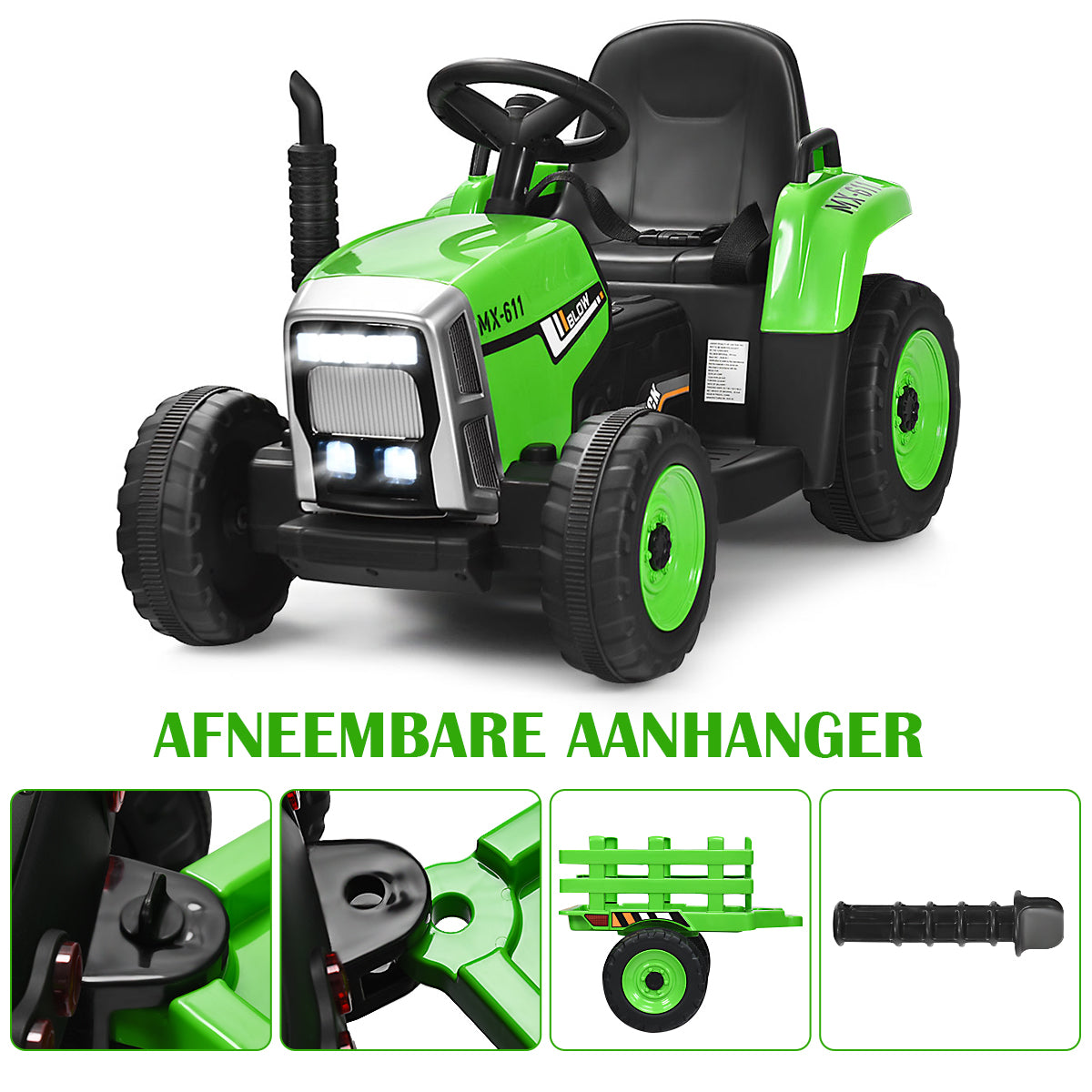 LIVSK Zittractor met Aanhanger - 2.4G Afstandsbediening - Veiligheidsgordel - LED-verlichting - Tot 30 kg - Groen