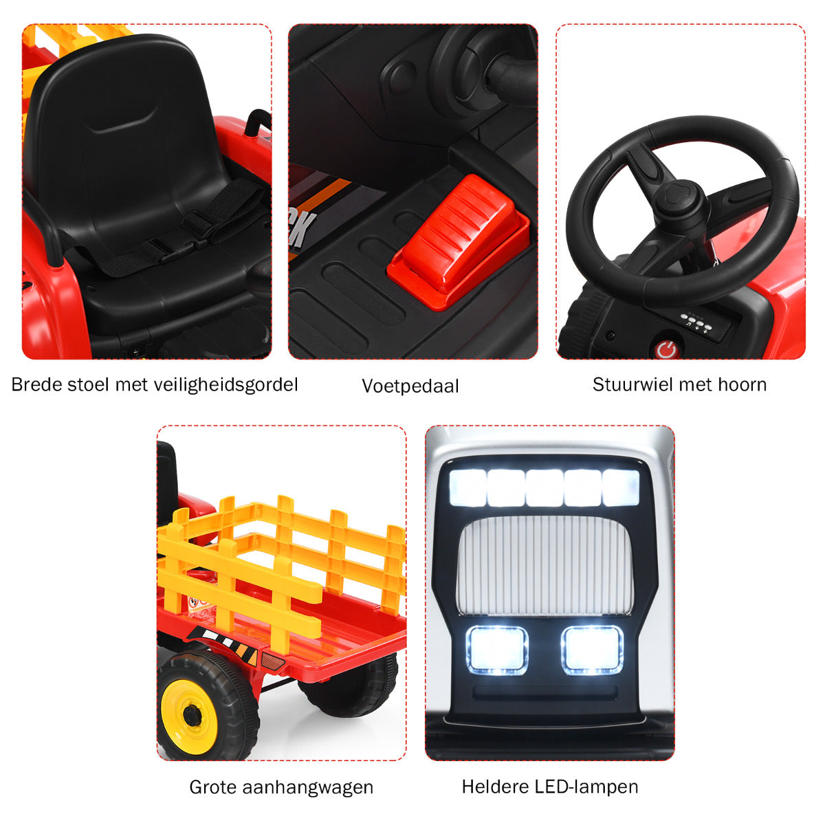 LIVSK Elektrische Trekker met Aanhanger - 3 Versnellingen - Veiligheidsgordel - Bluetooth - Voor Kinderen vanaf 3 jaar - Rood
