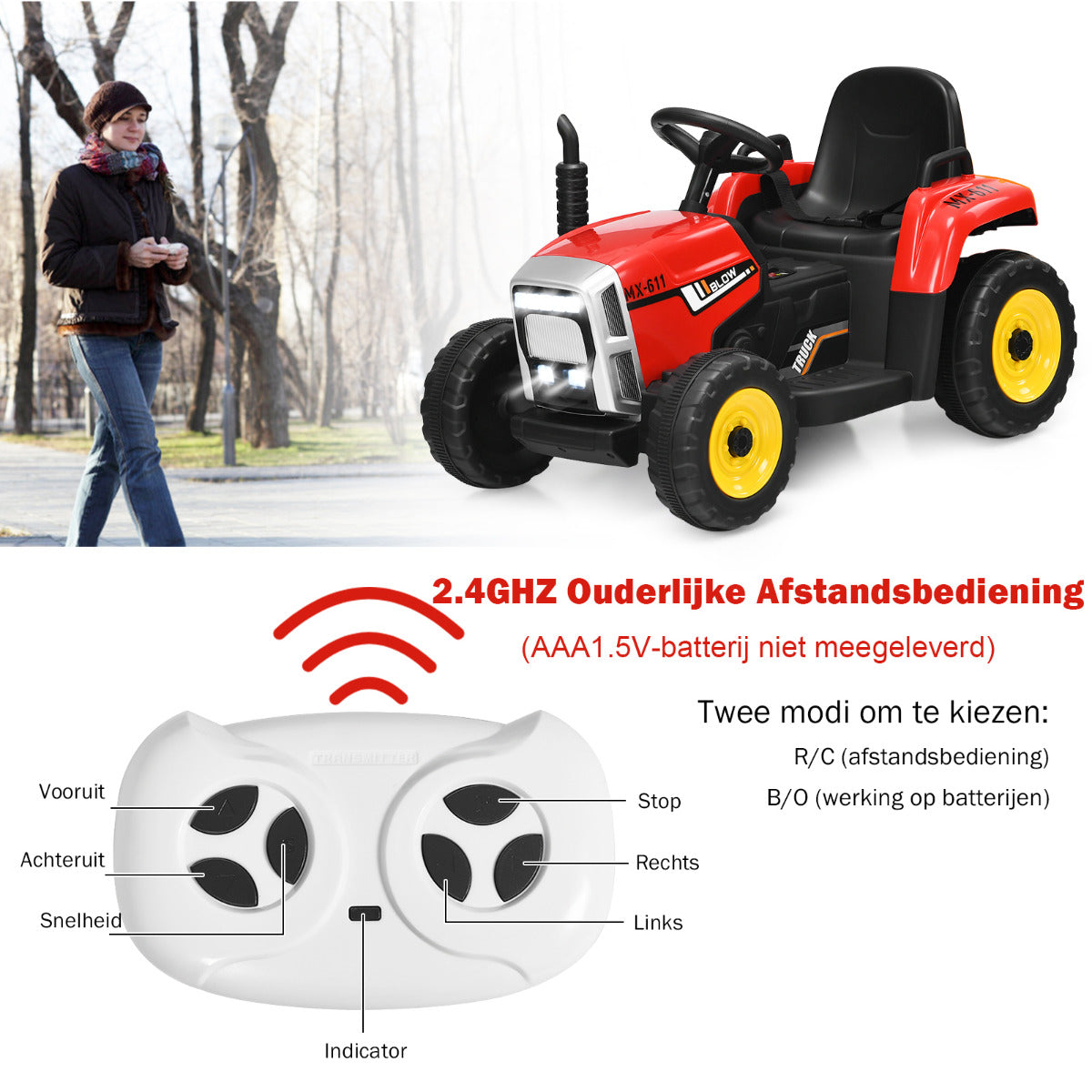 LIVSK Elektrische Trekker met Aanhanger - 3 Versnellingen - Veiligheidsgordel - Bluetooth - Voor Kinderen vanaf 3 jaar - Rood