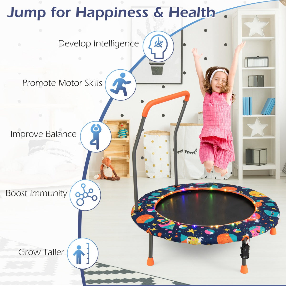Livsk costway kindertrampoline diameter 92 cm met ledverlichting gevoerde veiligheidsgreep ronde springdoek en beschermhoes 3