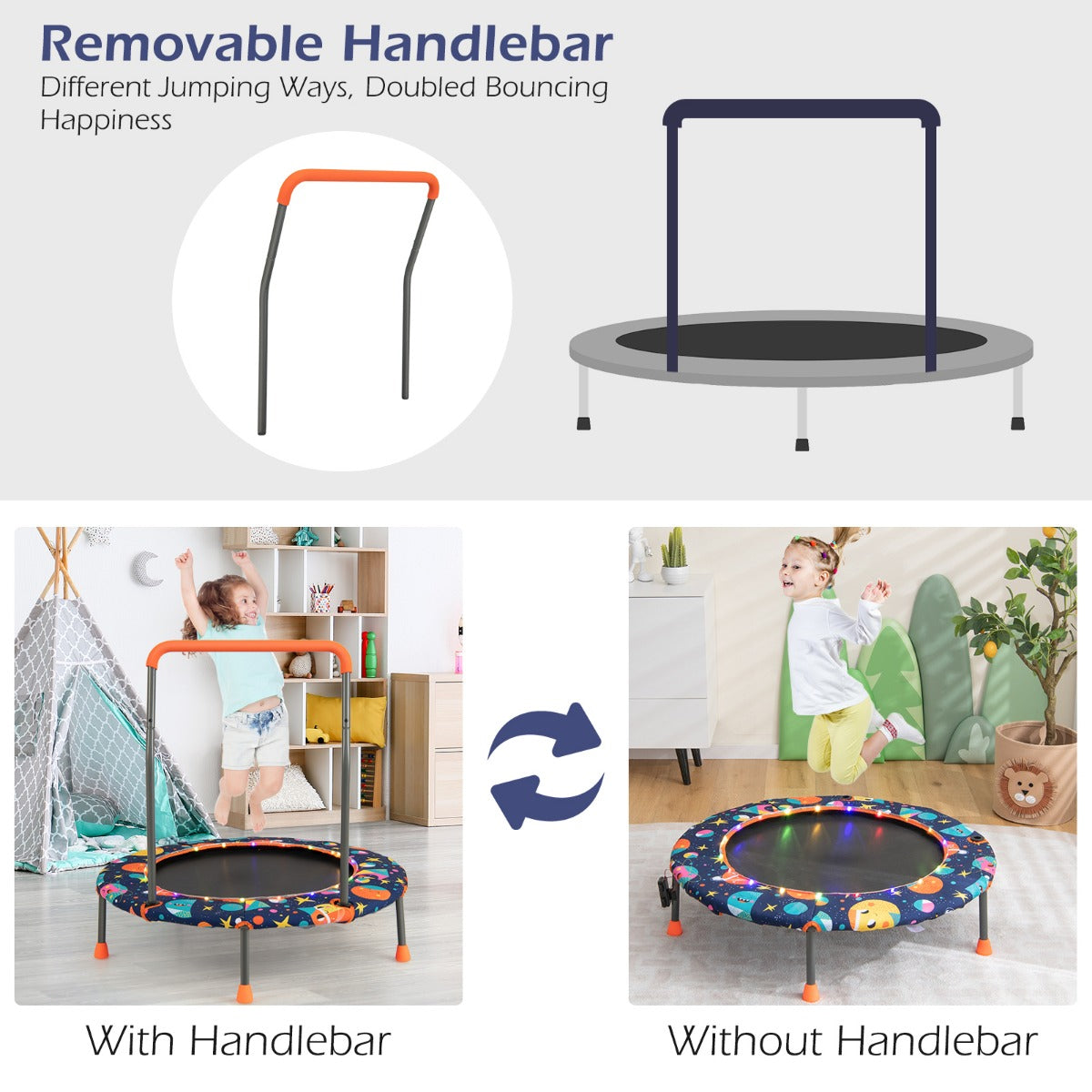 Livsk costway kindertrampoline diameter 92 cm met ledverlichting gevoerde veiligheidsgreep ronde springdoek en beschermhoes 4