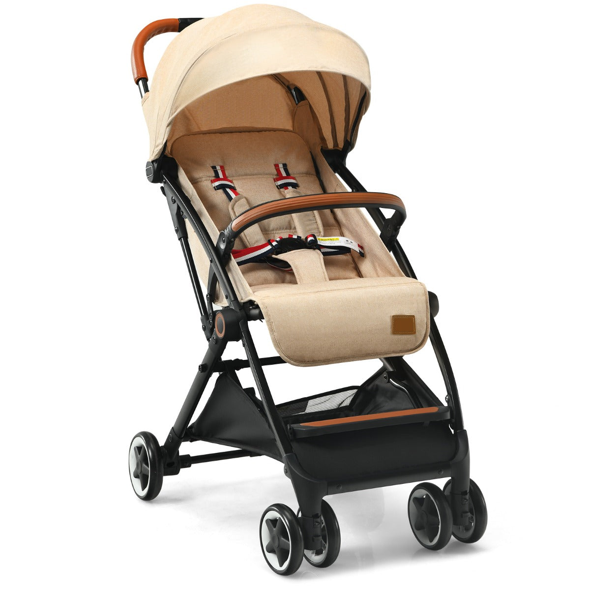 LIVSK Opvouwbare Kinderwagen - Verstelbare Rugleuning - 5-Punts Veiligheidsgordel - Zonnekap - Handige Opbergmand - Beige