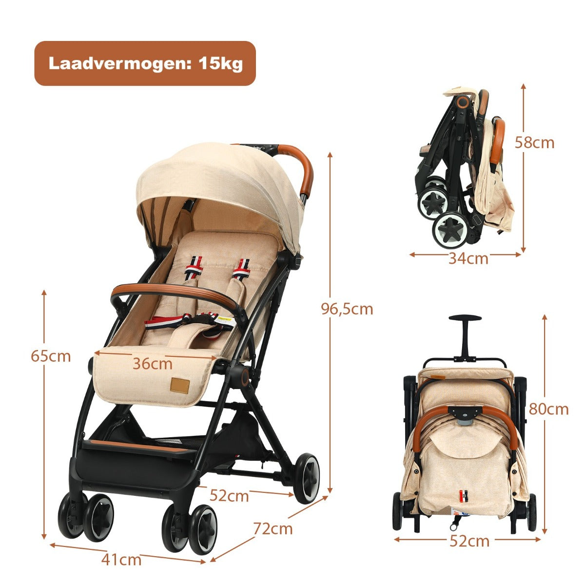 LIVSK Opvouwbare Kinderwagen - Verstelbare Rugleuning - 5-Punts Veiligheidsgordel - Zonnekap - Handige Opbergmand - Beige