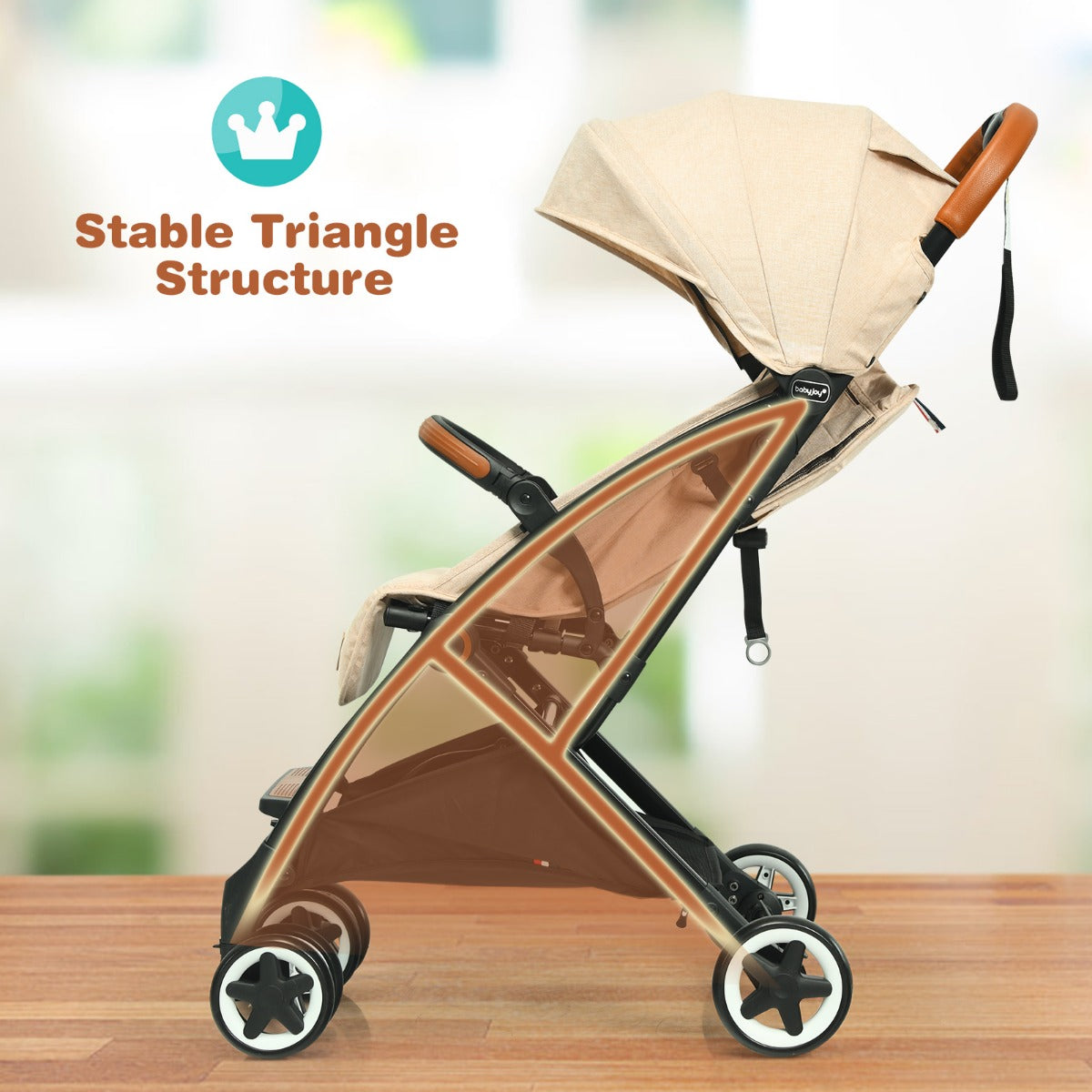 LIVSK Opvouwbare Kinderwagen - Verstelbare Rugleuning - 5-Punts Veiligheidsgordel - Zonnekap - Handige Opbergmand - Beige