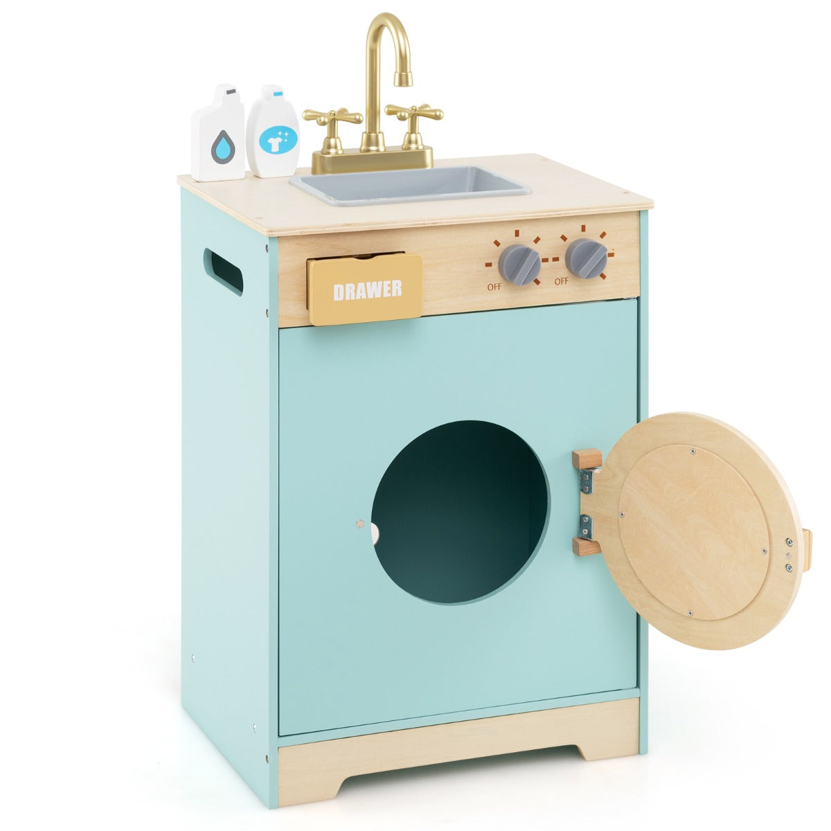 LIVSK Houten Wasgoedset - Realistische Wasmachine met Geluid - Inclusief Wasmiddel en Handdesinfectiemiddel - Voor 3+ jaar - Blauw