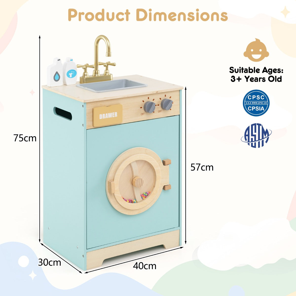 LIVSK Houten Wasgoedset - Realistische Wasmachine met Geluid - Inclusief Wasmiddel en Handdesinfectiemiddel - Voor 3+ jaar - Blauw