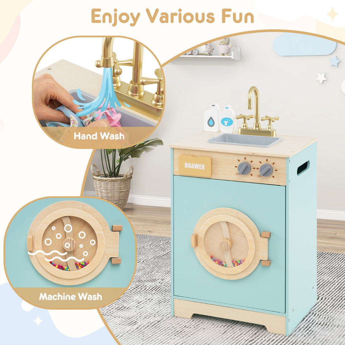 LIVSK Houten Wasgoedset - Realistische Wasmachine met Geluid - Inclusief Wasmiddel en Handdesinfectiemiddel - Voor 3+ jaar - Blauw