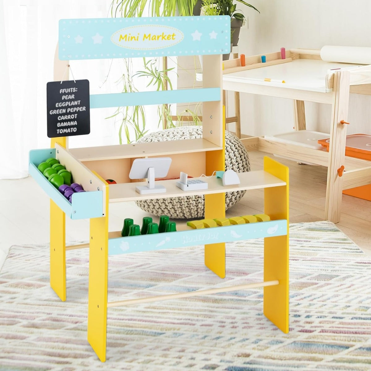 LIVSK Speelgoedwinkelset - Inclusief Kassa, POS-Automaat en Snijdbaar Voedsel - Interactief en Leerzaam - 70 x 63 x 101 cm - Blauw