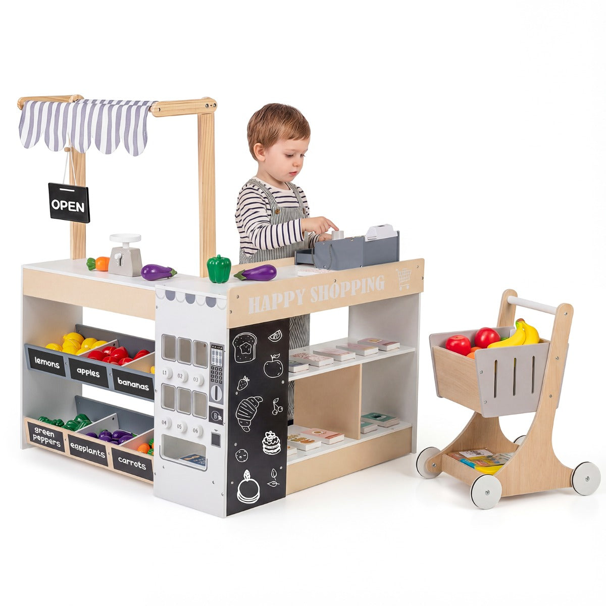 Livsk costway kinderwinkel houten winkel met winkelwagen speelgoedautomaat kassa toonbank krijtbordjes schappen en speelgoedvoeding 1