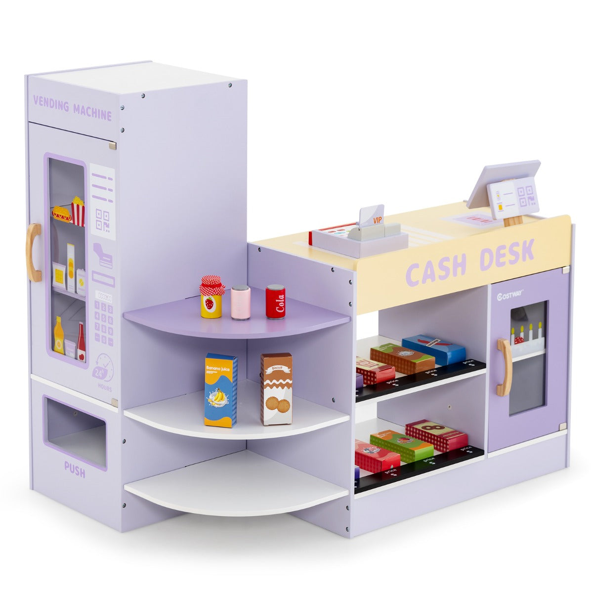 LIVSK Houten Kinderwinkel met Verkoopautomaat - Inclusief 13 Speelgoedlevensmiddelen - Veilig en Duurzaam - 89 x 57 x 80 cm -