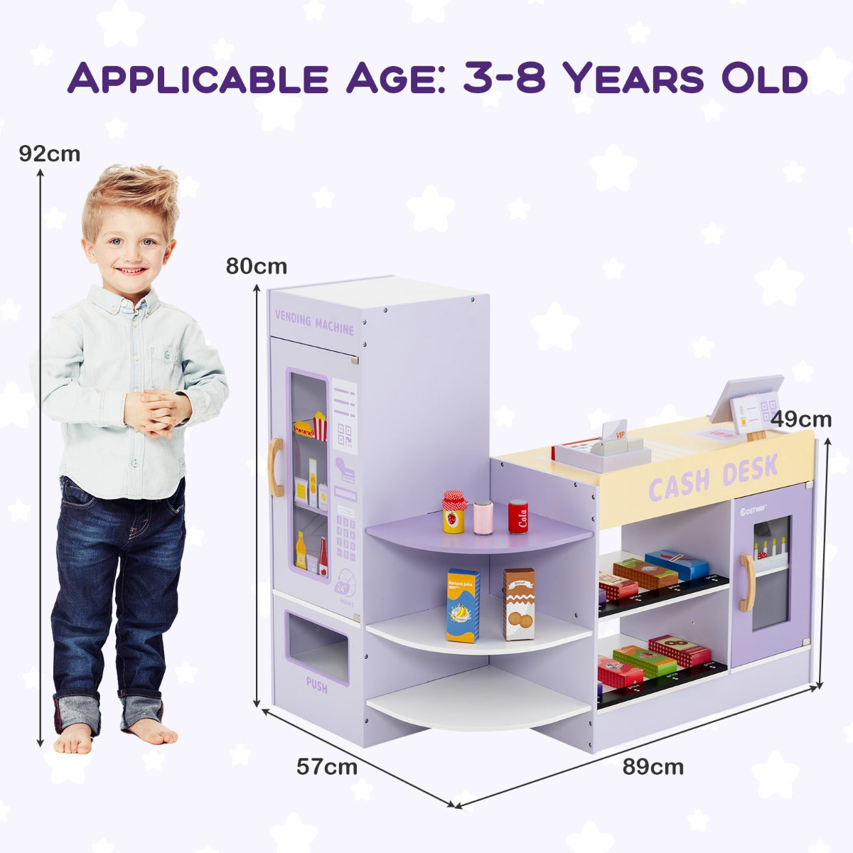 LIVSK Houten Kinderwinkel met Verkoopautomaat - Inclusief 13 Speelgoedlevensmiddelen - Veilig en Duurzaam - 89 x 57 x 80 cm -
