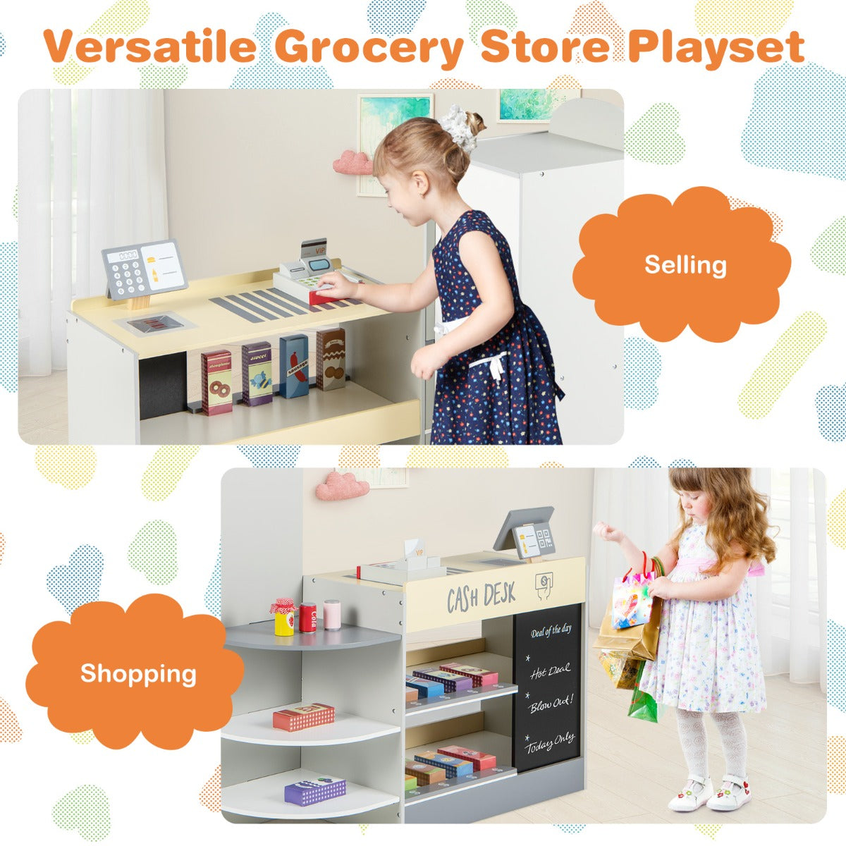LIVSK Kinderwinkel met Verkoopautomaat - Kassa en Krijtbord - Inclusief 13 Speelgoedlevensmiddelen - Veilig en Duurzaam - Grijs