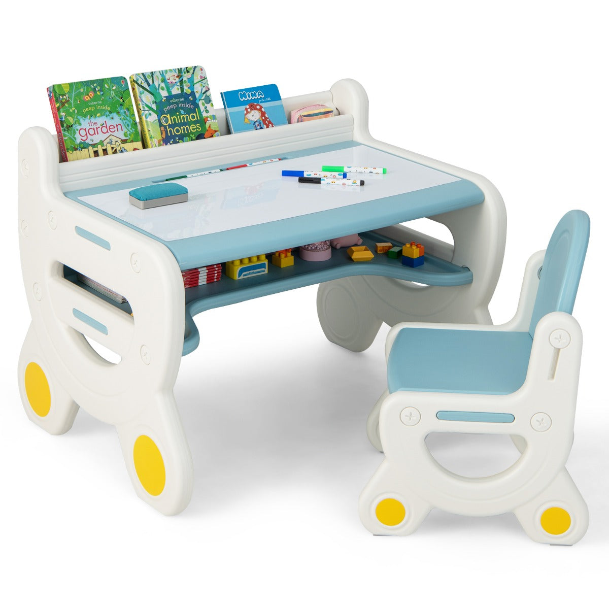 LIVSK Kinderzitgroep met Overschilderbaar Tafelblad - Ergonomische Stoel - Draagvermogen 70 kg - Inclusief Aquarelpotloden - Blauw