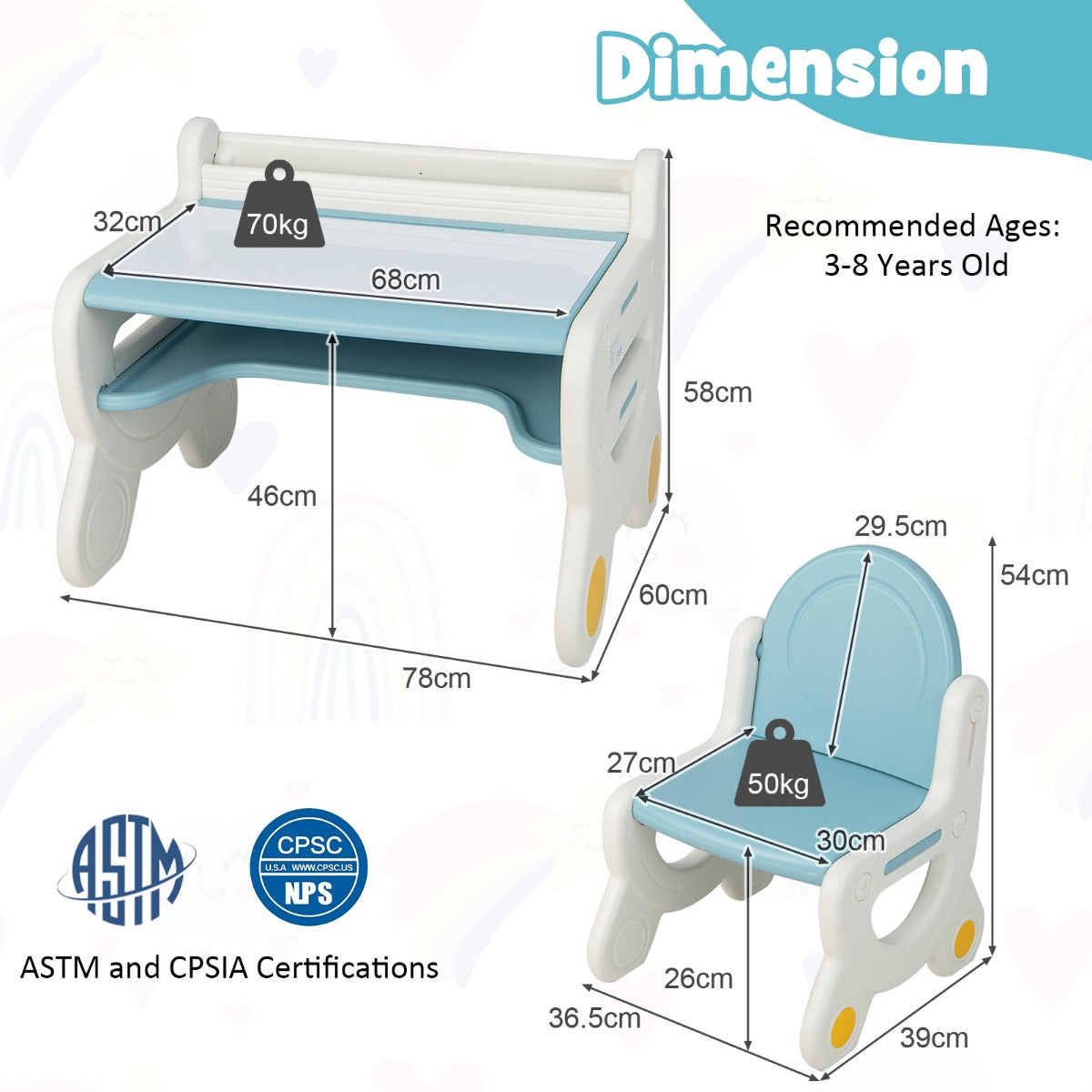LIVSK Kinderzitgroep met Overschilderbaar Tafelblad - Ergonomische Stoel - Draagvermogen 70 kg - Inclusief Aquarelpotloden - Blauw