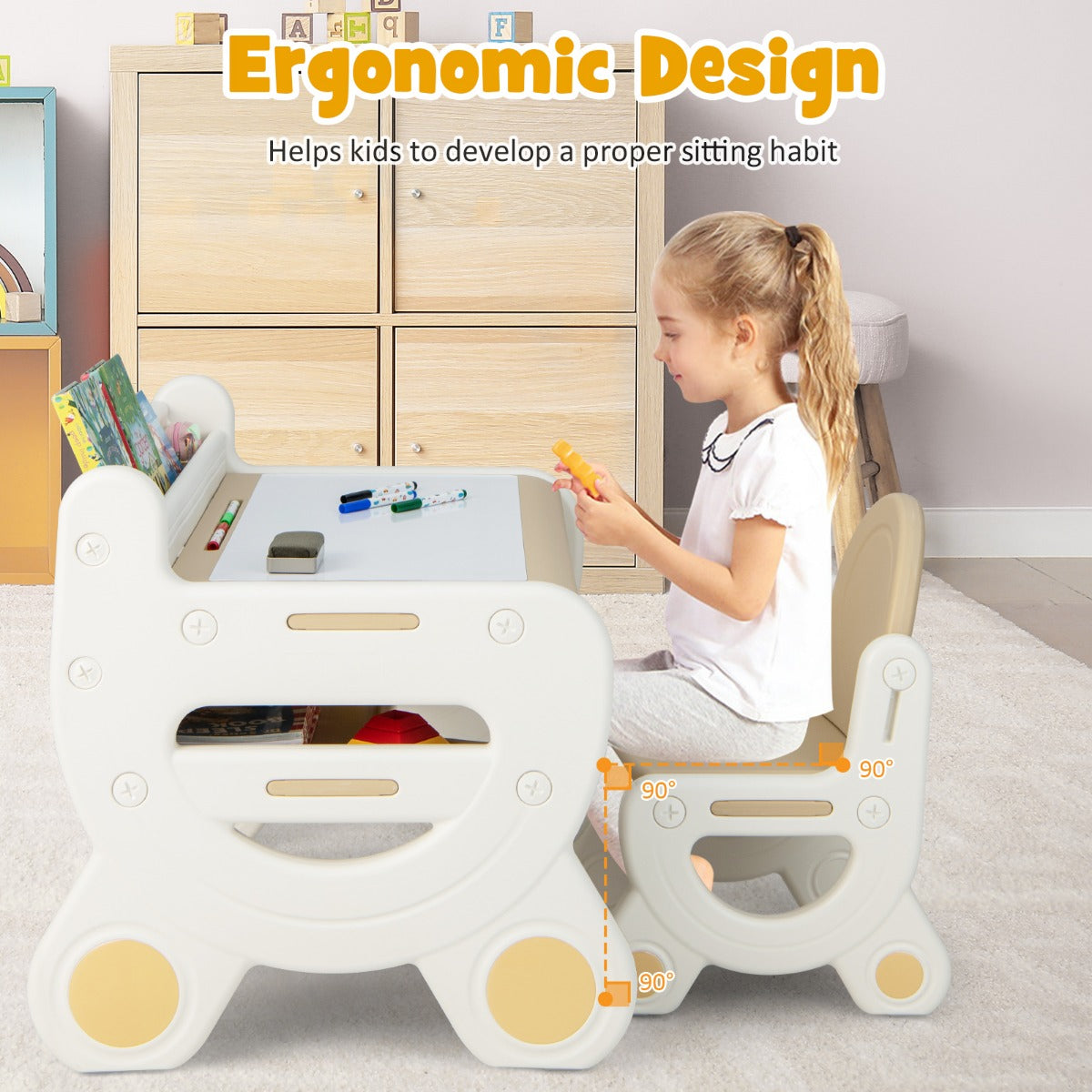LIVSK Kinderzitgroep met Overschilderbaar Tafelblad - Ergonomische Stoel - Boekenplank - Voor Kinderen 3-8 Jaar - Bruin