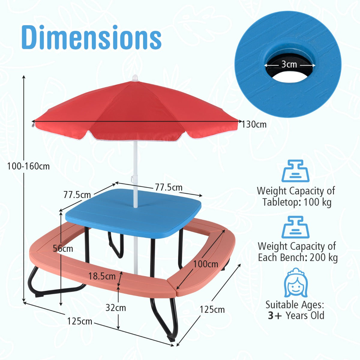 LIVSK Kinderpicknicktafel - Duurzaam HDPE met Stabiel Metalen Frame - Voor Max. 8 Kinderen - Inclusief In hoogte Verstelbare