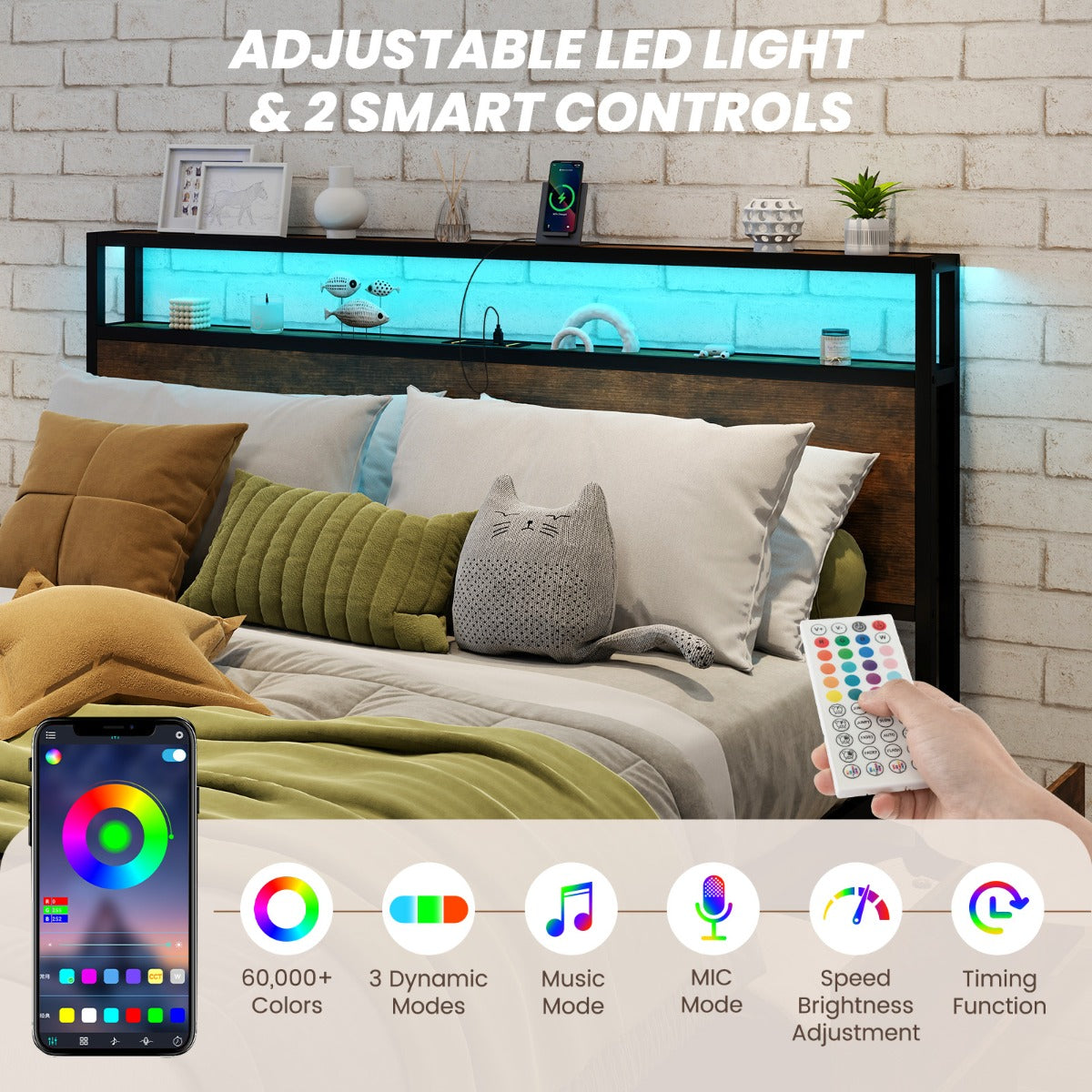 Livsk costway kingsize bedframe met verlichting en een set van 2 moderne nachtkastjes platformbed en industriele salontafels 2 2