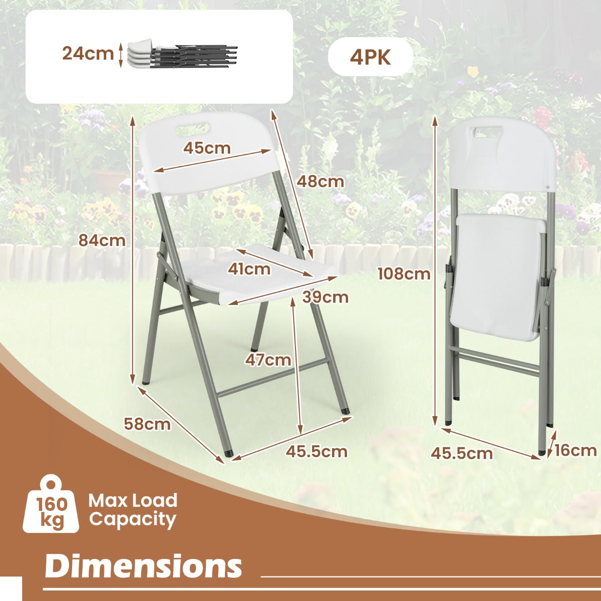 LIVSK Klapstoelen Set van 4 - Ergonomisch - Metalen Frame - Tot 160 kg - Weerbestendig - Inklapbaar - Draagbaar - Wit