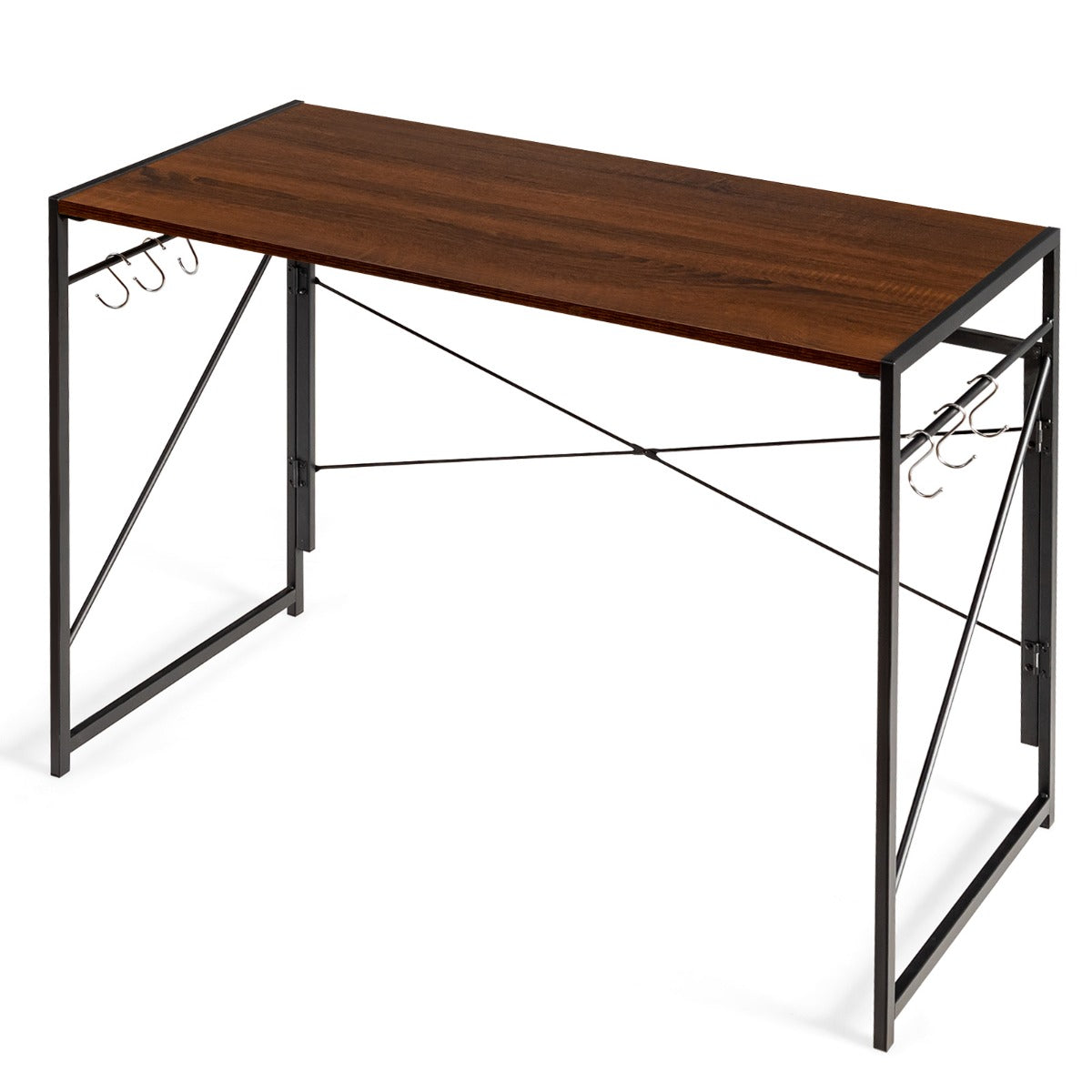 LIVSK Inklapbare Computertafel - Ruim Bureaublad 100 x 50 cm - 6 Haken - Stabiele X-structuur - Roestvrij Metaal - Bruin