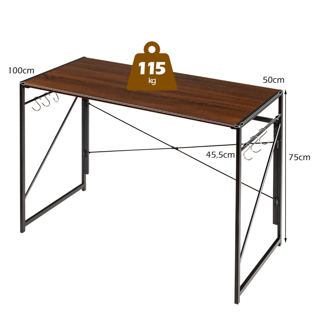 LIVSK Inklapbare Computertafel - Ruim Bureaublad 100 x 50 cm - 6 Haken - Stabiele X-structuur - Roestvrij Metaal - Bruin