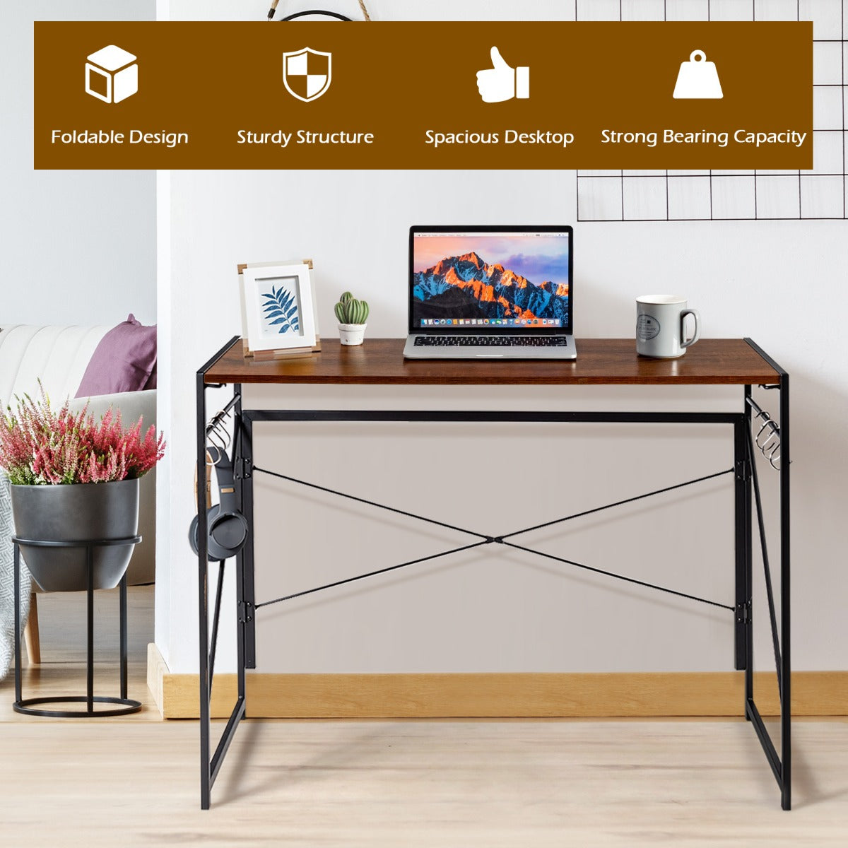 LIVSK Inklapbare Computertafel - Ruim Bureaublad 100 x 50 cm - 6 Haken - Stabiele X-structuur - Roestvrij Metaal - Bruin