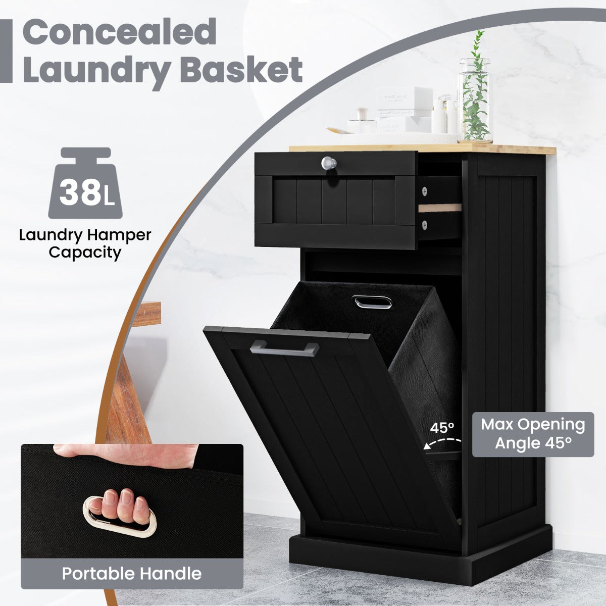 Livsk costway kledingkast met kantelbare wasmand en lade opbergkast met uitneembare wasmand voor badkamer slaapkamer bijkeuken zwart 3