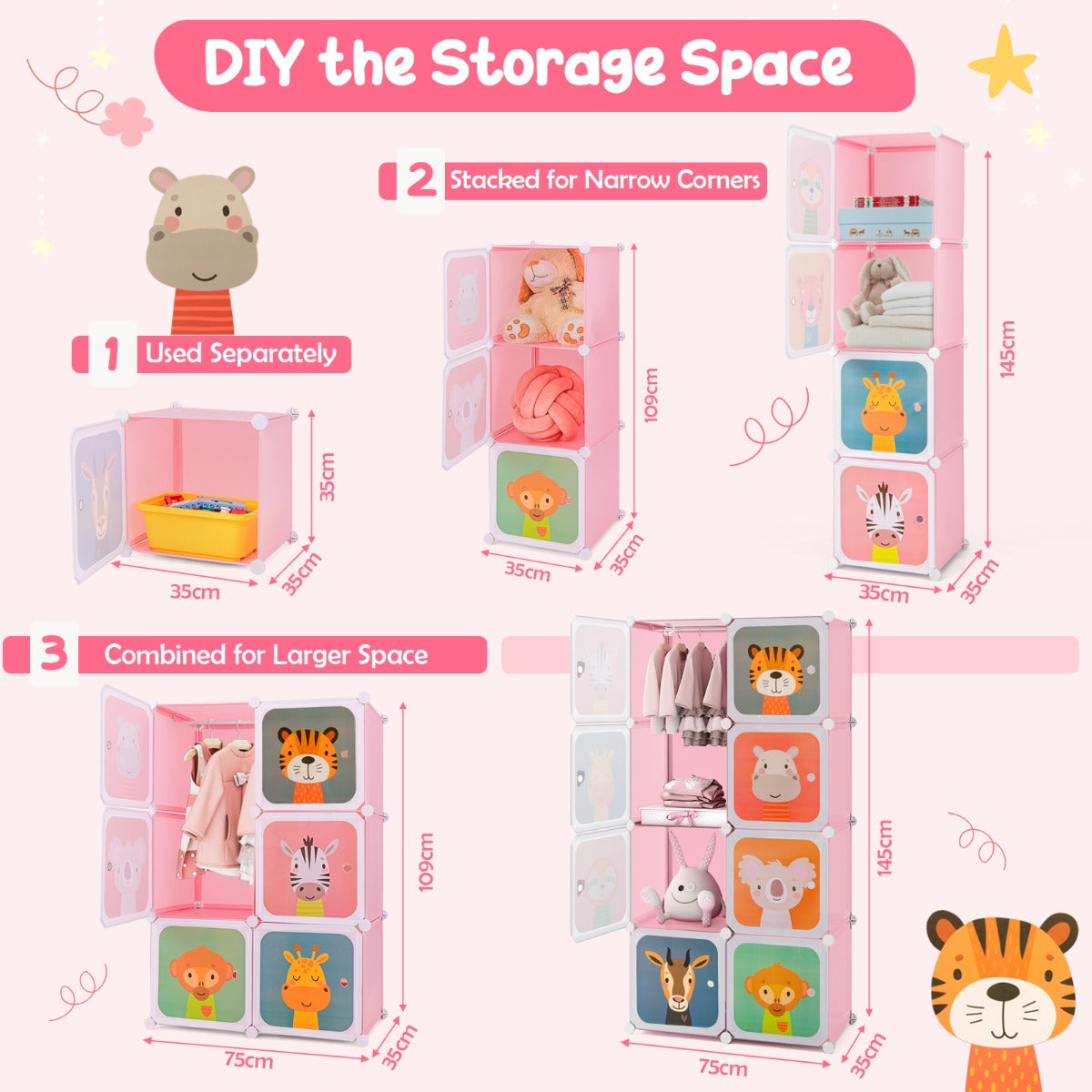 Livsk costway kledingkast voor kinderen babykledingkast met 8 vakken hanggedeelte leuke cartoon ladekast voor kinderkamer slaapkamer roze 2