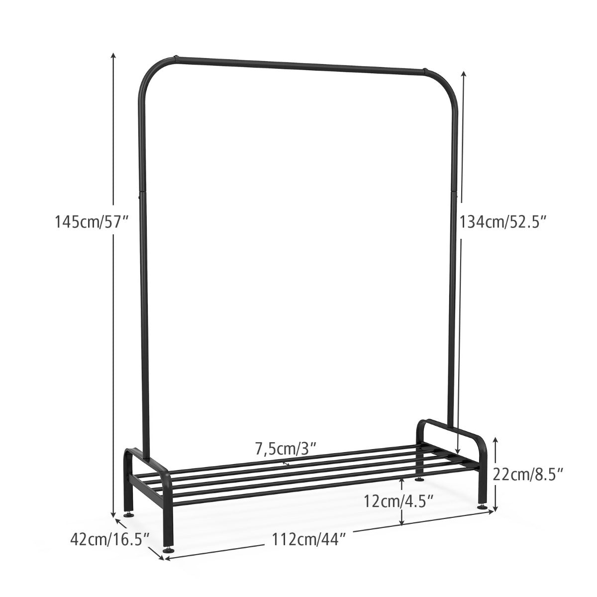 LIVSK Verstelbaar Kledingrek met Opbergvak - Ruimte voor 5 Paar Schoenen - Duurzaam Staal - Antislip Clips - 112 x 42 x 145 cm -