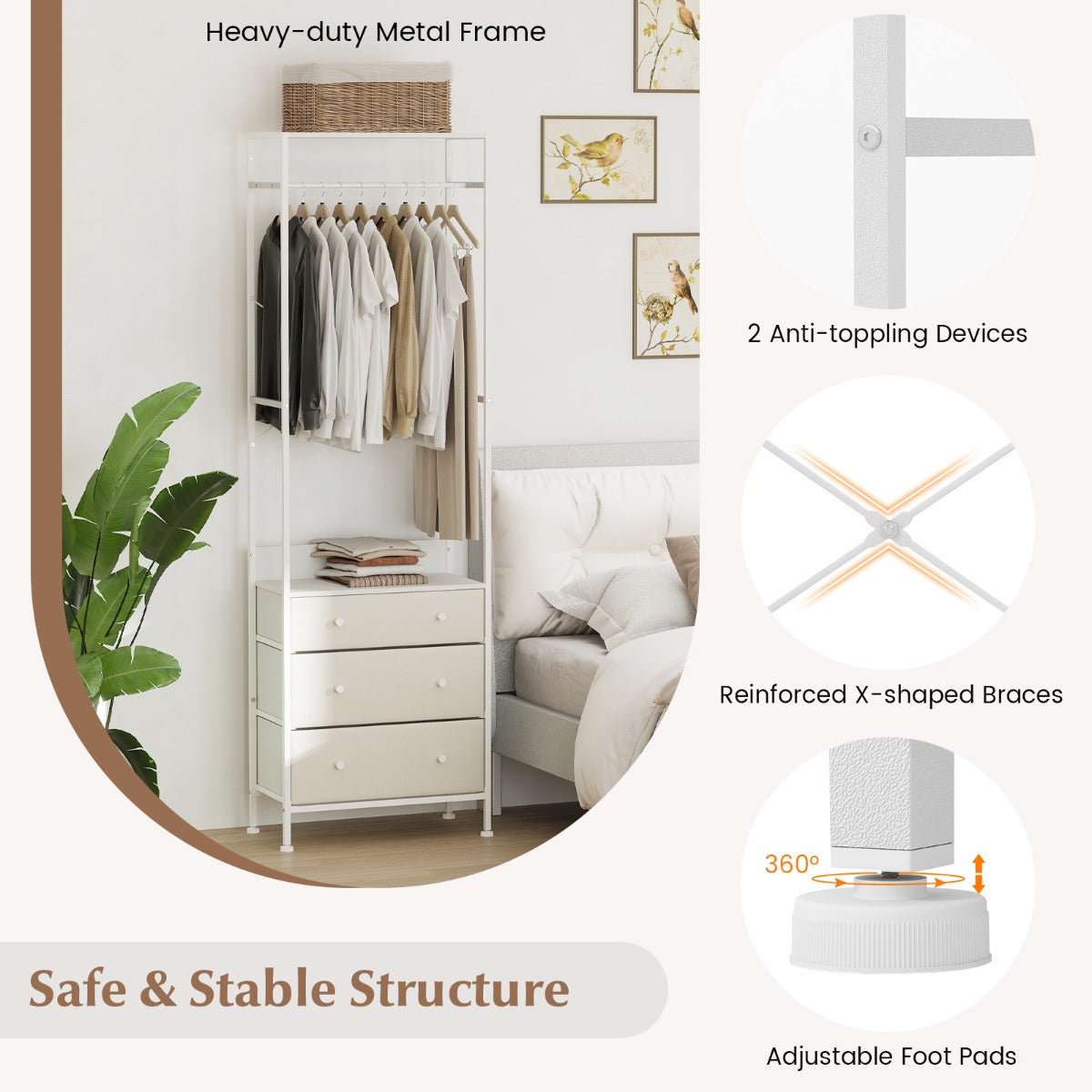 LIVSK Vrijstaande Kledingstandaard - 3-positie Kledingstaaf - 3 Uitneembare Lades - Robuust Metaal - 55 x 28 x 176 cm - Wit