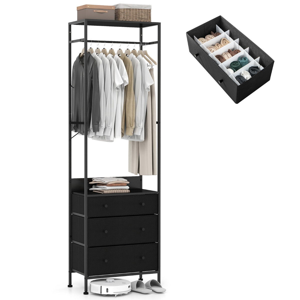 LIVSK Kledingrek met Lades - 3-positie Hangstaaf - Robuust Metalen Frame - Ruimtebesparend - Multifunctioneel - Zwart