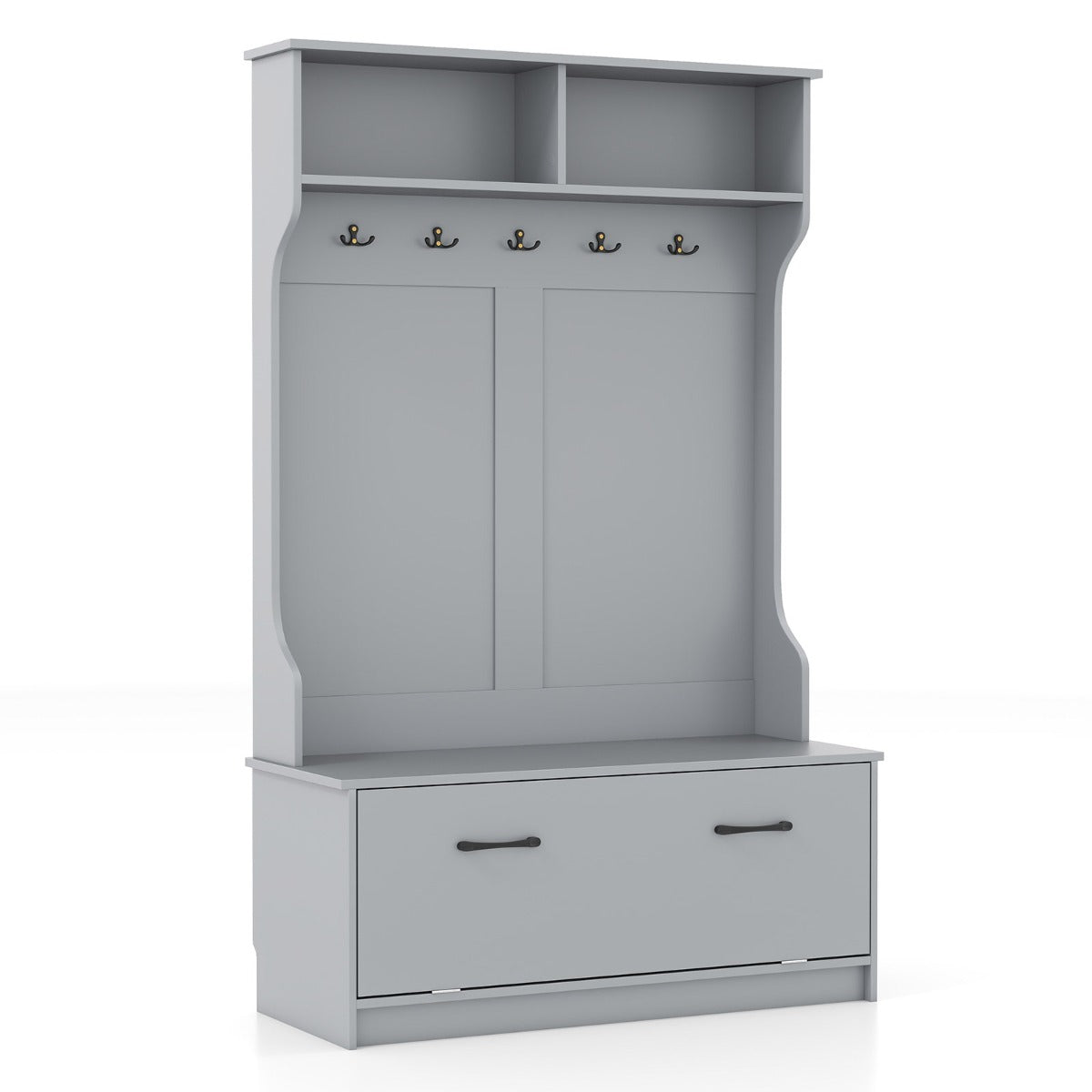 LIVSK Garderobestandaard met Zitbank - 5 Dubbele Haken - 2 Open Planken - 1 Gesloten Kast - Tot 90 kg - 100 x 40 x 160 cm - Grijs