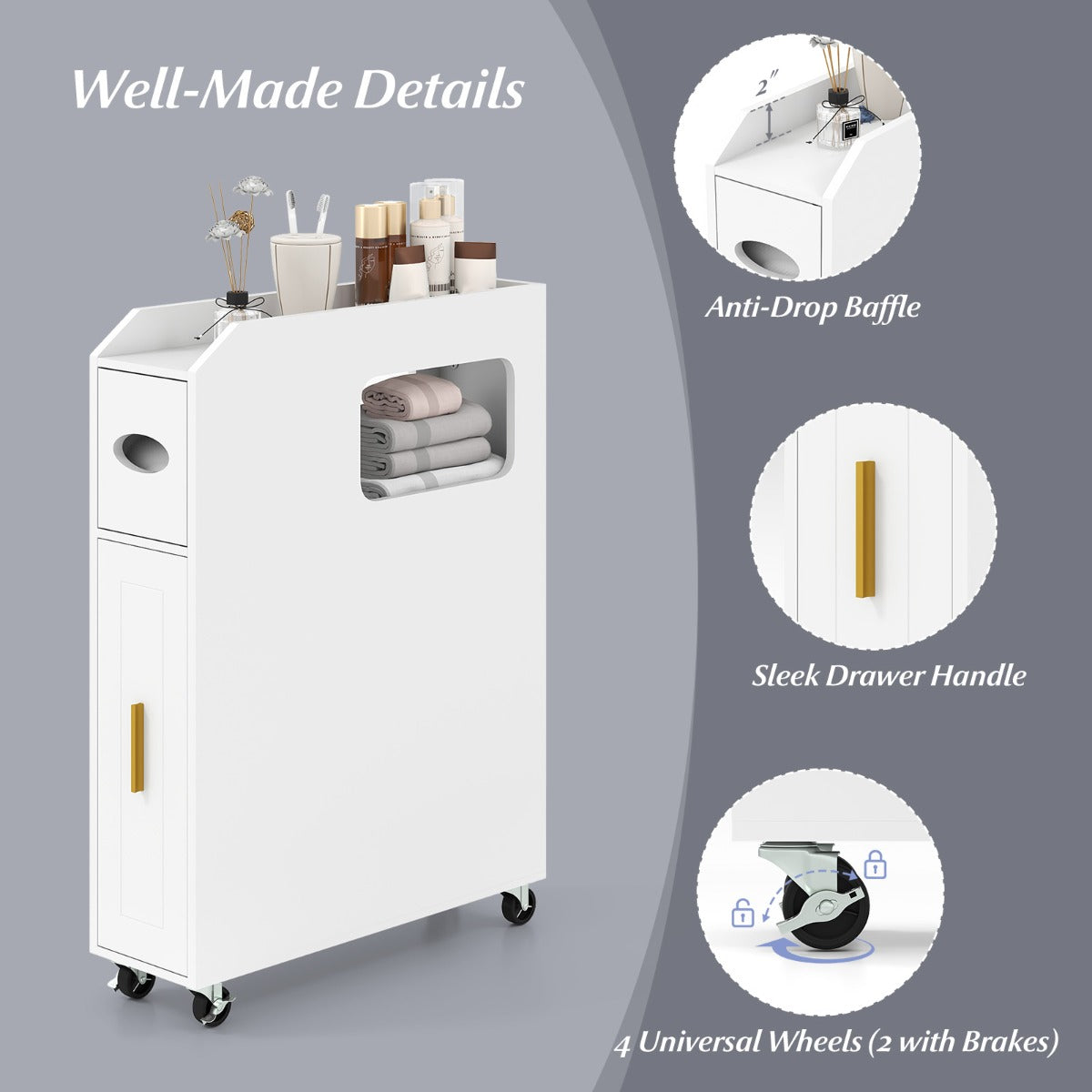 LIVSK Smalle Badkamerkast - Uittrekbare Lade - Verborgen Toiletborstelhouder - Met Wielen - 50 x 16 x 69 cm - Wit