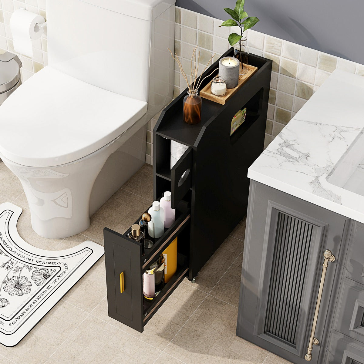 LIVSK Smalle Badkamerkast - Uittrekbare Lade - Toiletborstelhouder - Ruimtebesparend - 50 x 16 x 69 cm - Zwart