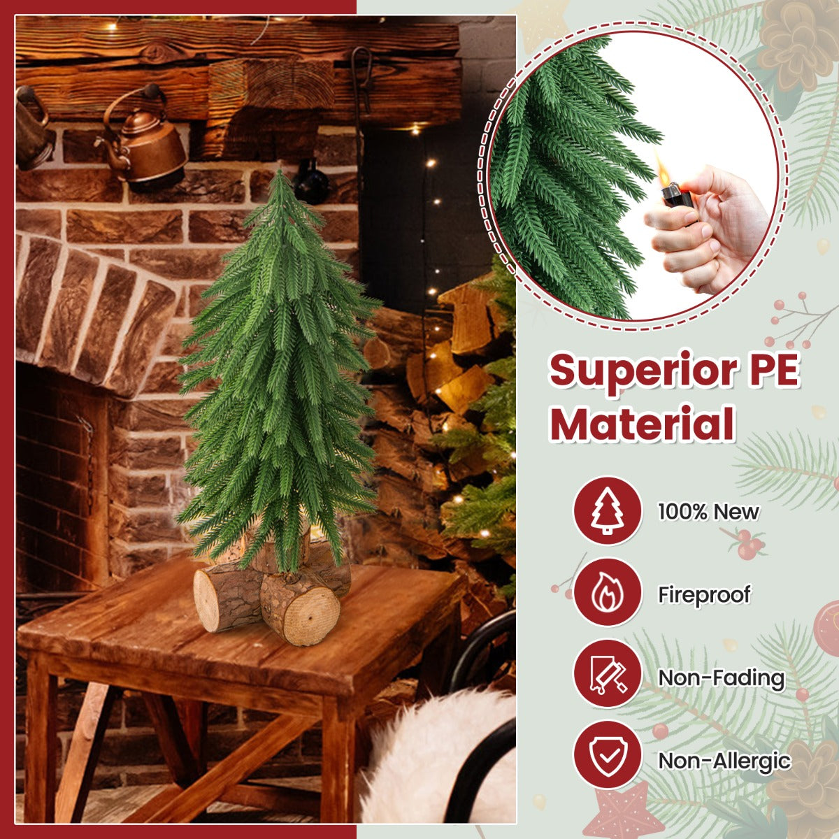 LIVSK Kunstmatige Tafelkerstboom - 40 cm - 200 Takpunten - PE-materiaal - Massief Houten Sokkel - Groen en Bruin