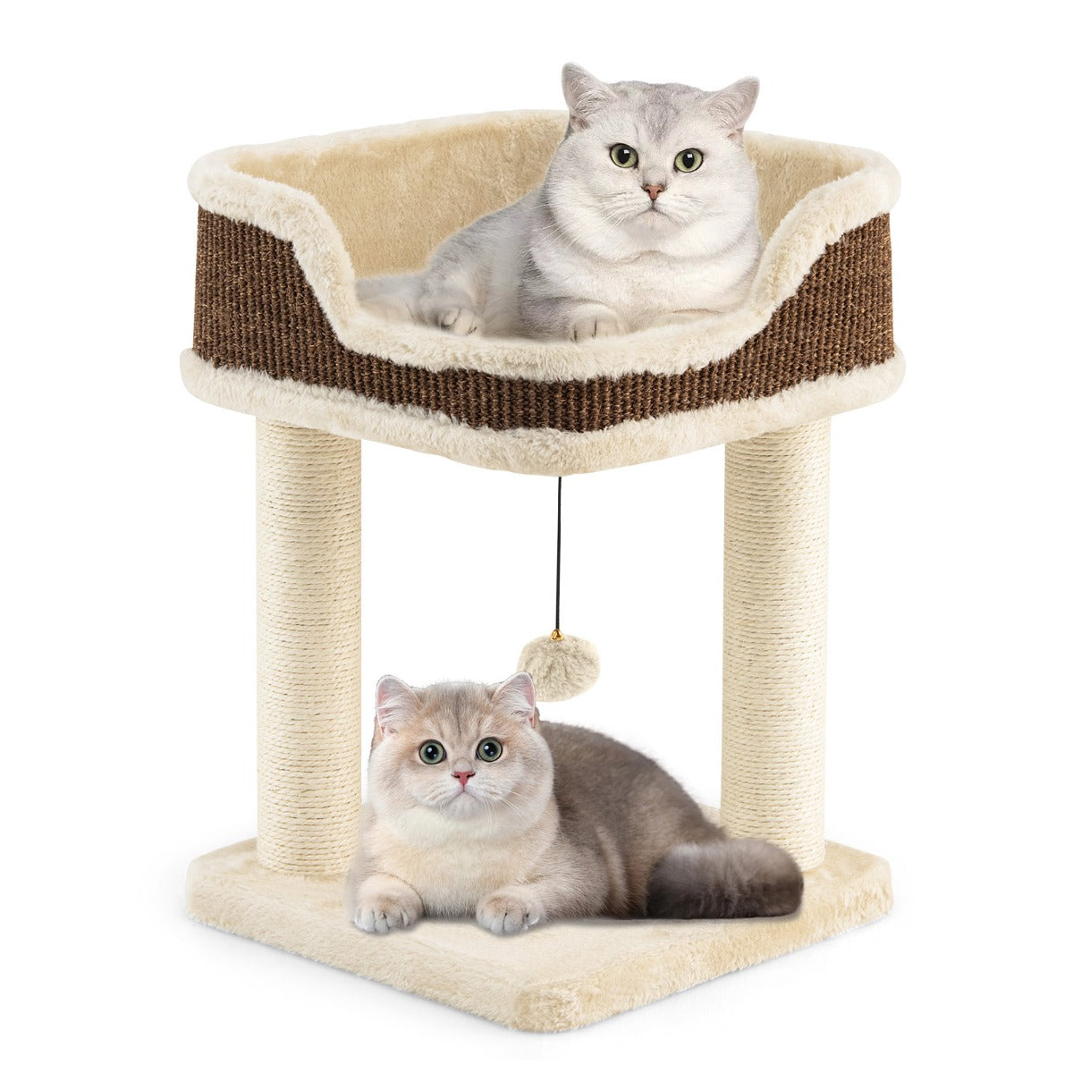 LIVSK Kleine Krabpaal - Zacht Pluche - 2 Sisal Krabpalen - Pluizige Pompon - Veilig Zitvlak - Voor Katten tot 10 kg - Beige