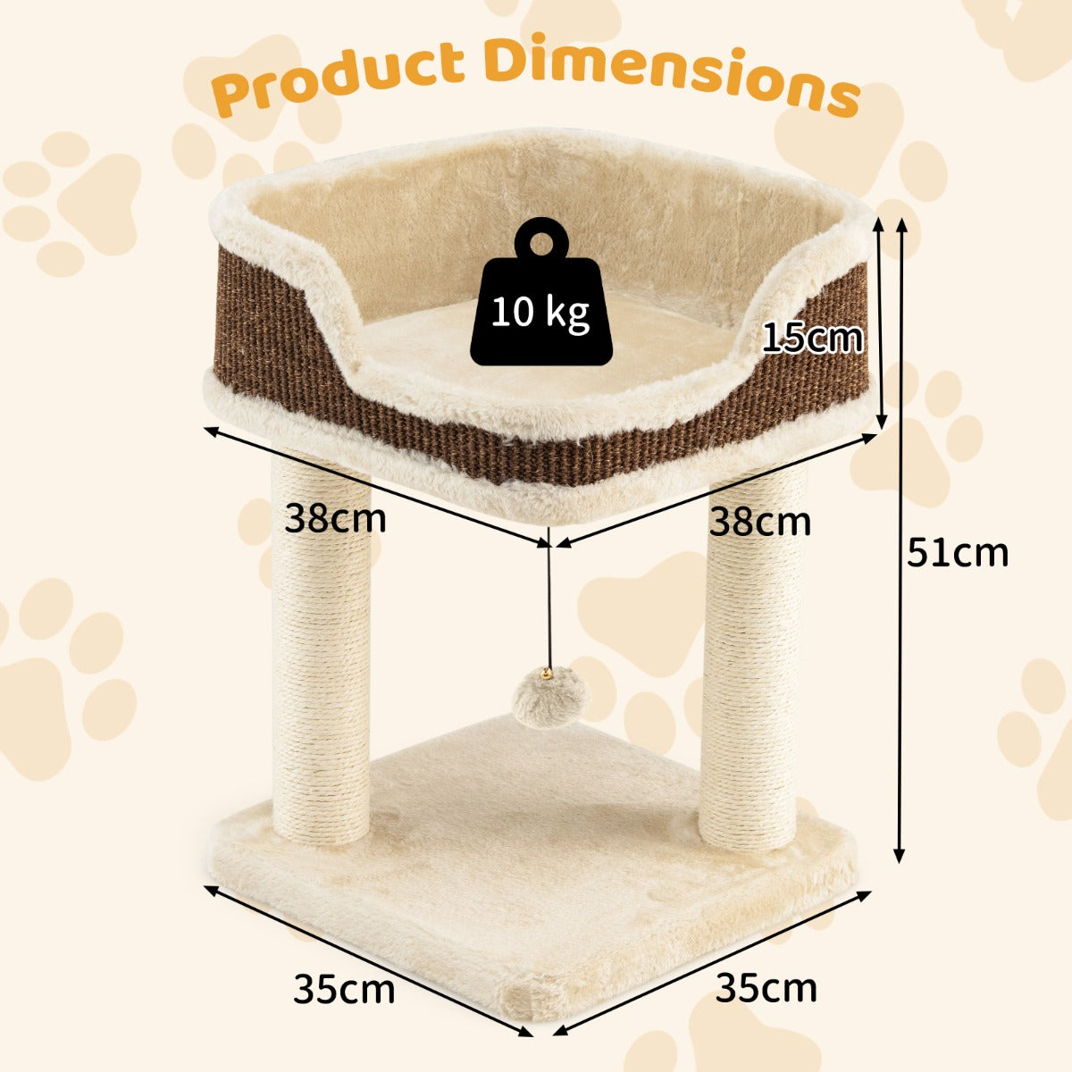 LIVSK Kleine Krabpaal - Zacht Pluche - 2 Sisal Krabpalen - Pluizige Pompon - Veilig Zitvlak - Voor Katten tot 10 kg - Beige