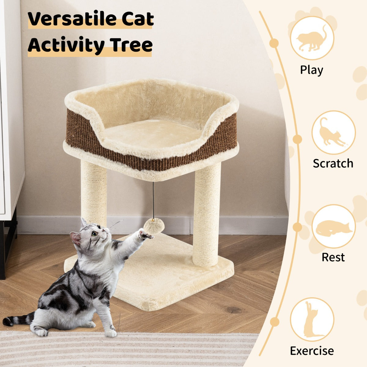 LIVSK Kleine Krabpaal - Zacht Pluche - 2 Sisal Krabpalen - Pluizige Pompon - Veilig Zitvlak - Voor Katten tot 10 kg - Beige