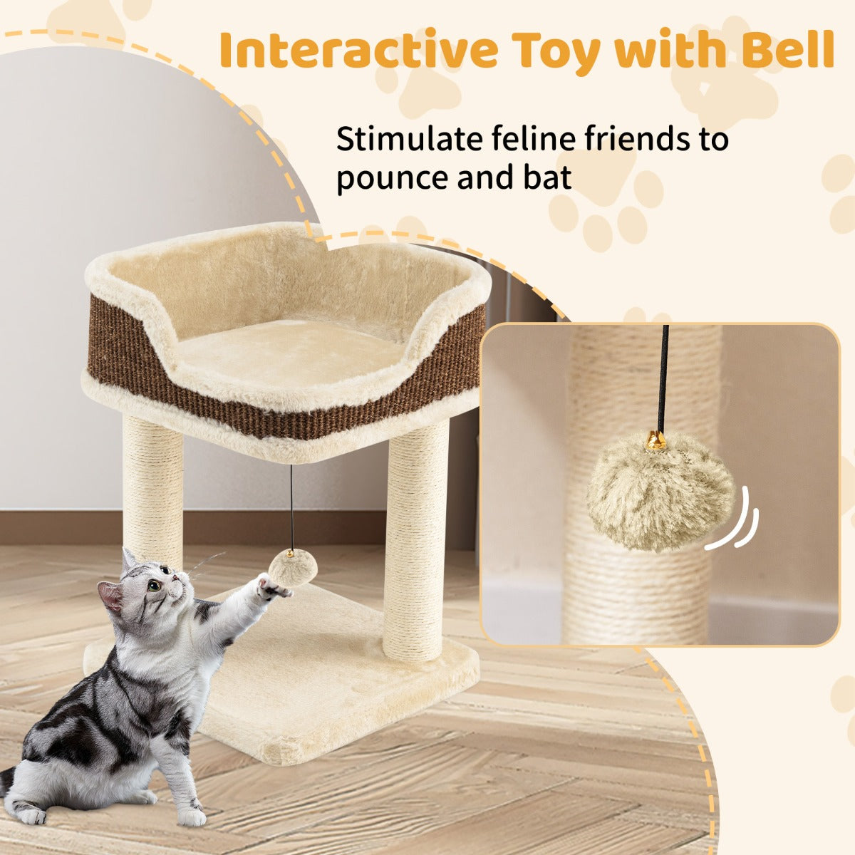 LIVSK Kleine Krabpaal - Zacht Pluche - 2 Sisal Krabpalen - Pluizige Pompon - Veilig Zitvlak - Voor Katten tot 10 kg - Beige