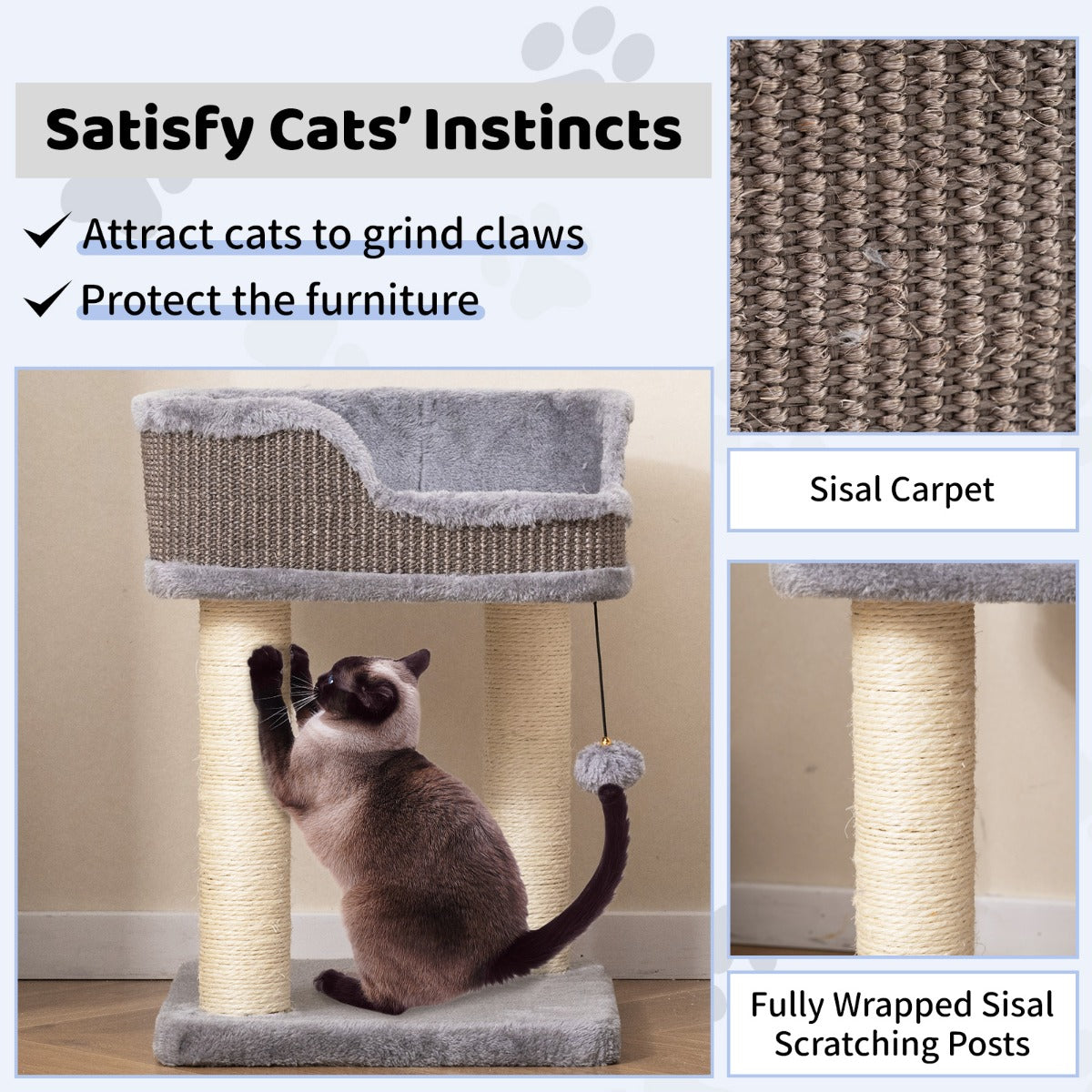 LIVSK Kleine Krabpaal - Zacht Pluche - Sisal Krabpalen - Speelbal - Veilig Zitvlak - Voor Katten Tot 10 kg - Grijs