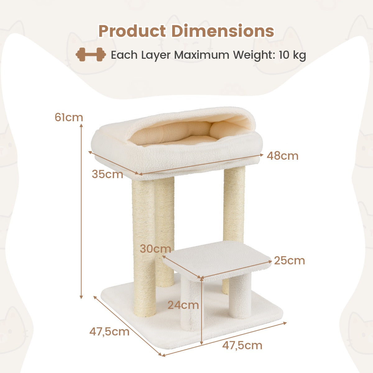 LIVSK Kattenboom met Krabpaal - Luxe Ligplaats - Zacht Kunst-Sherpa-Fleece - Stabiliteit - Wit - 47,5 x 47,5 x 61 cm