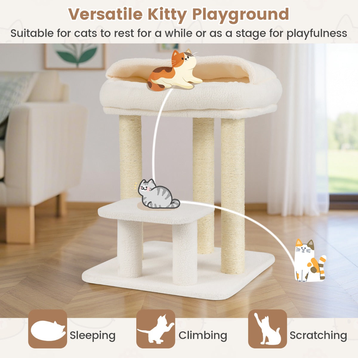 LIVSK Kattenboom met Krabpaal - Luxe Ligplaats - Zacht Kunst-Sherpa-Fleece - Stabiliteit - Wit - 47,5 x 47,5 x 61 cm