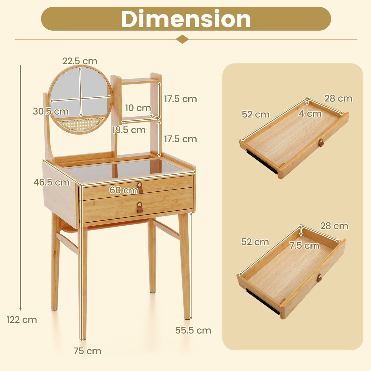 LIVSK Bamboe Make-uptafel met Draaibare Spiegel - 2 Lades - Open Planken - Compact - Veiligheidsfunctie - Natuurlijk