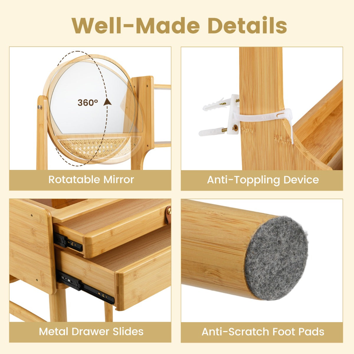 LIVSK Bamboe Make-uptafel met Draaibare Spiegel - 2 Lades - Open Planken - Compact - Veiligheidsfunctie - Natuurlijk