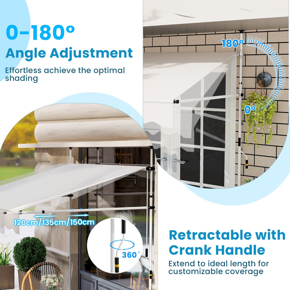 LIVSK Handmatig Retractable Zonnescherm - Hoogte 210-300 cm - UV-bestendig - Waterafstotend Polyester - Eenvoudige Montage - Wit