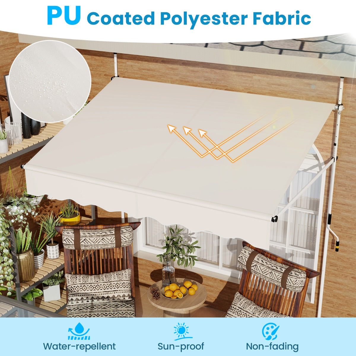 LIVSK Handmatig Retractable Zonnescherm - Hoogte 210-300 cm - UV-bestendig - Waterafstotend Polyester - Eenvoudige Montage - Wit