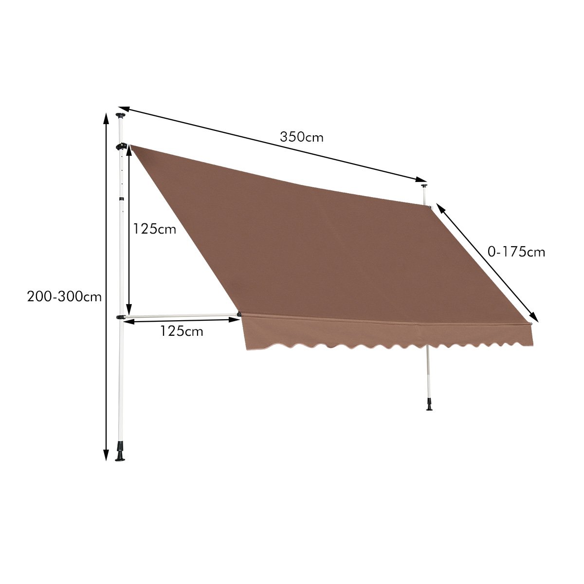 LIVSK Uitschuifbare Markies - Hoogteverstelbaar 200-300 cm - Weerbestendig Oxford-stof - Aluminium Frame - Bruin