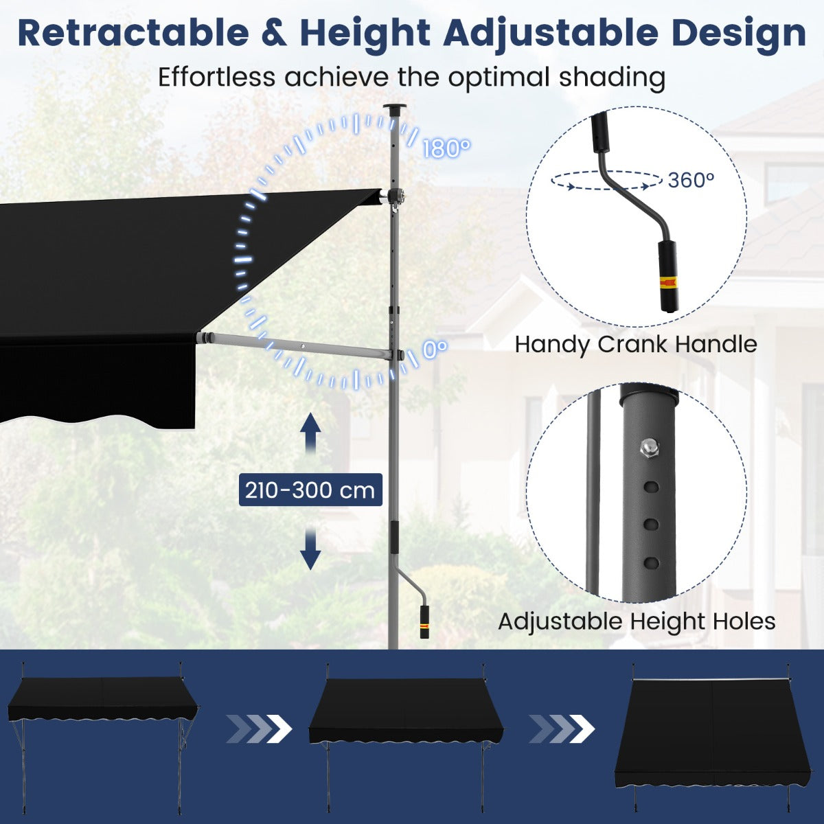 LIVSK Handmatige Retractabele Zonnescherm - Verstelbare Hoogte 210-300 cm - UV-bestendig - Eenvoudige Montage - Zwart