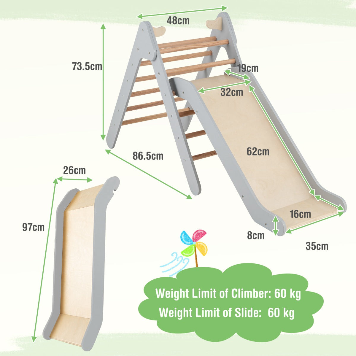 LIVSK Driehoekige Klimladder met Glijbaan - Veilig Beukenhout - Verstelbare Glijbaan - Ontwikkelt Motorische Vaardigheden - Voor