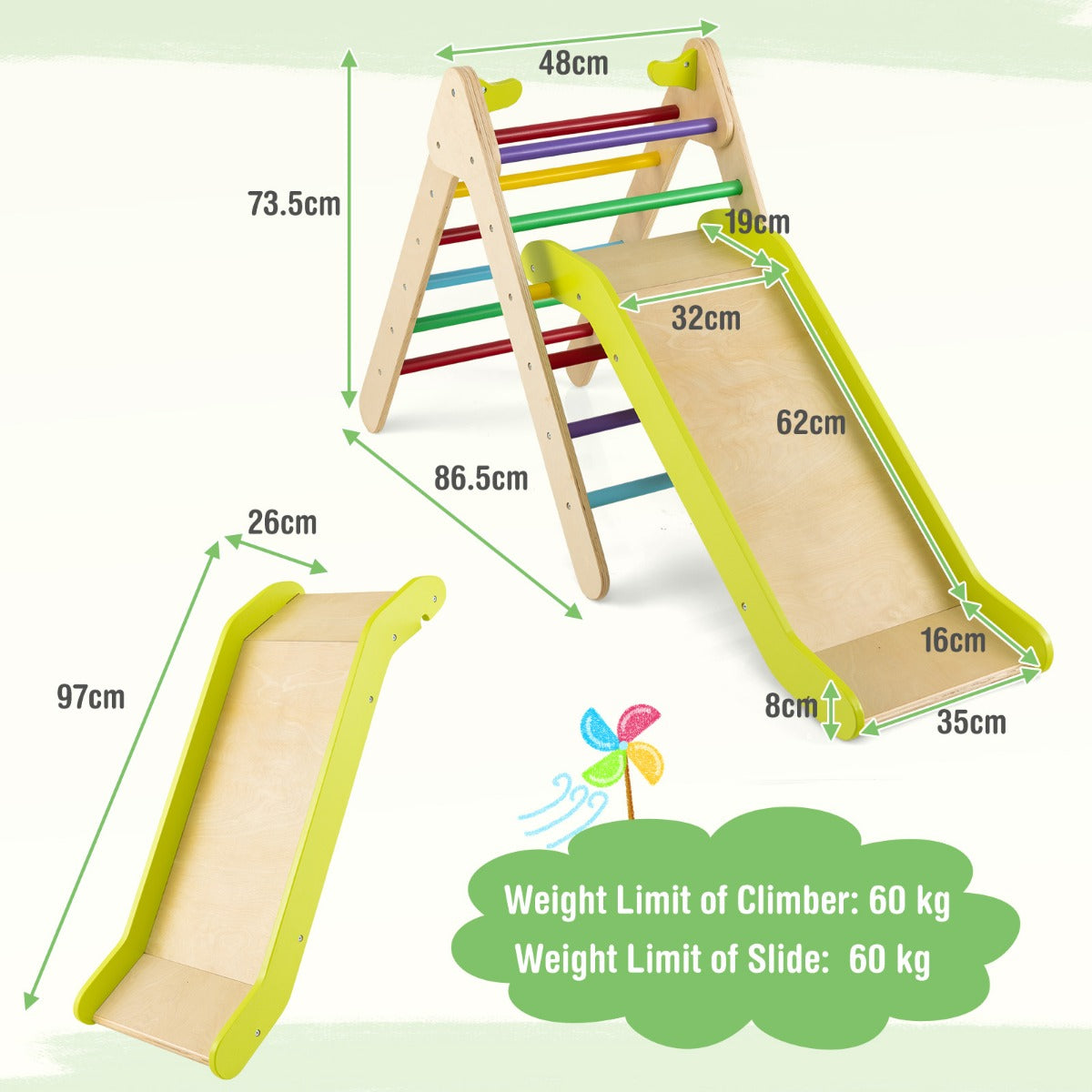 LIVSK Driehoekige Klimladder met Glijbaan - Stimuleert Balans en Motoriek - Verstelbare Hoogte - Voor Kinderen - Meerkleurig